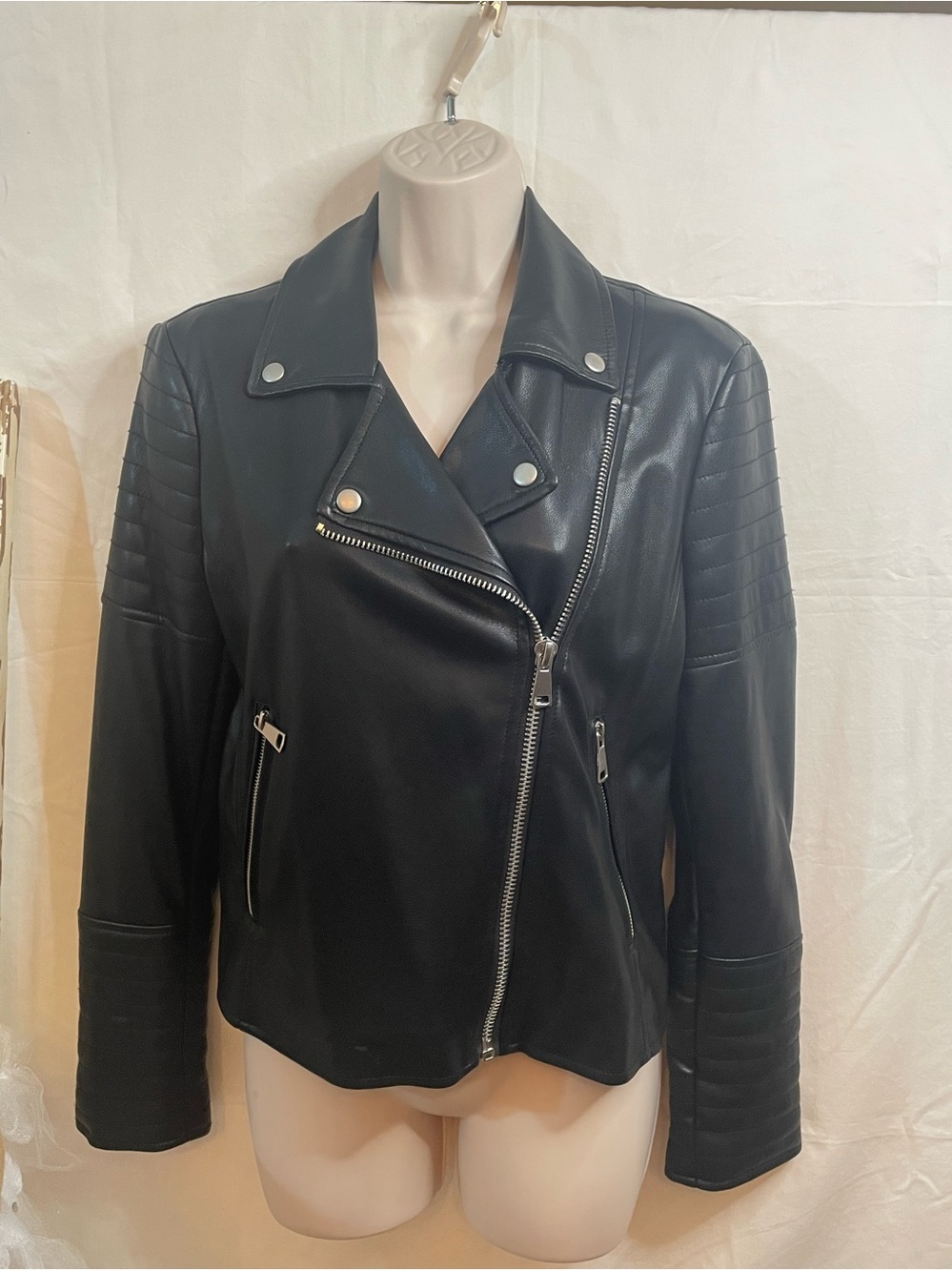 7 for all Mankind Black Faux Leather Moto Jacket - Women's Asymmetric Zip